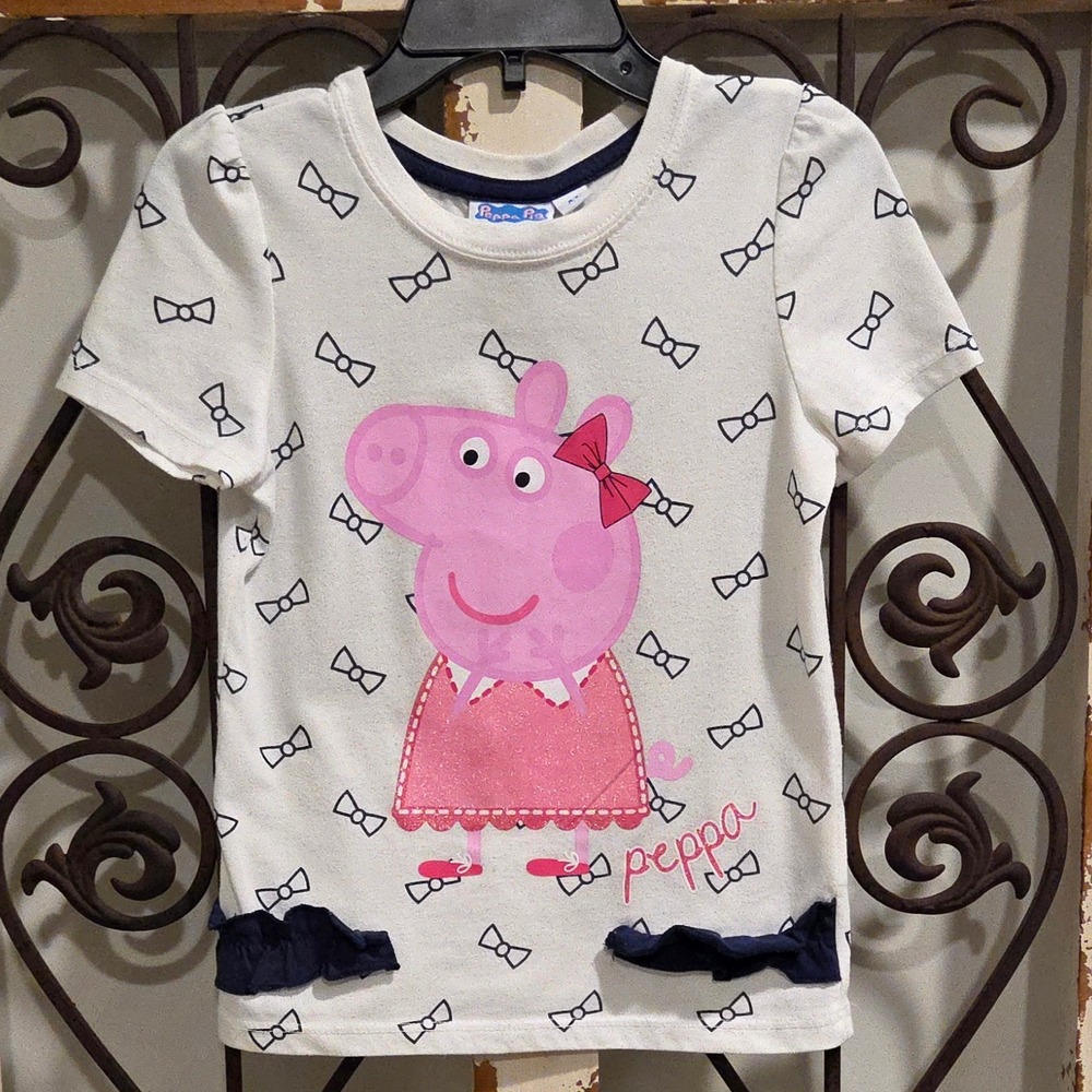 Peppa Pig Girls White Bow Print Graphic T-Shirt Pink Glitter Ruffle Hem 4T